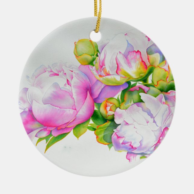 Elegantes rosa, blühendes Aquarellbild Keramik Ornament (Vorne)