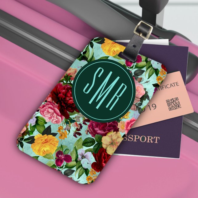 Elegantes rosa Blume Aqua-Muster Monogramm Gepäckanhänger (Von Creator hochgeladen)