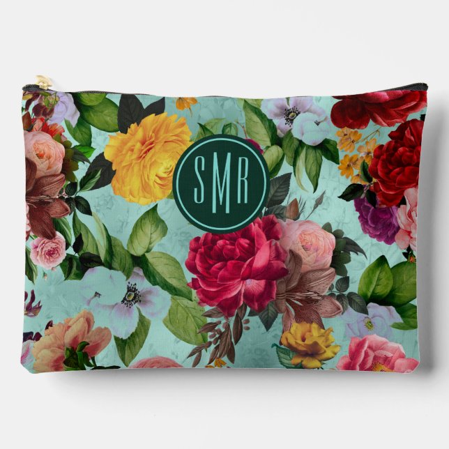 Elegantes rosa Blume Aqua-Muster Monogramm Zubehörtasche (Vorderseite)