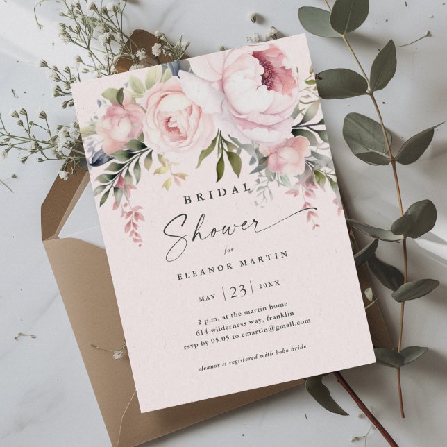 Elegantes Rosa Blume Grünes Brautparty Einladung (Elegant Pink Flowers Greenery Garden Bridal Shower Invitation)