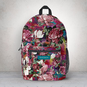Elegantes rosa Blume rotes Muster Monogramm Bedruckter Rucksack