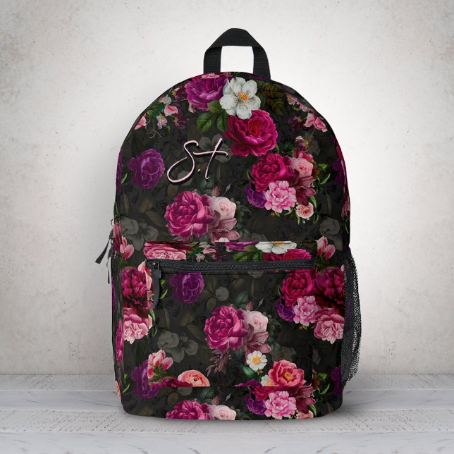 Elegantes rosa Blume schwarzes Monogramm Bedruckter Rucksack (Von Creator hochgeladen)