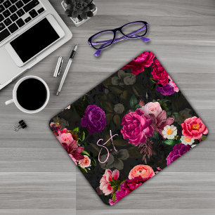 Elegantes rosa Blume schwarzes Monogramm Mousepad