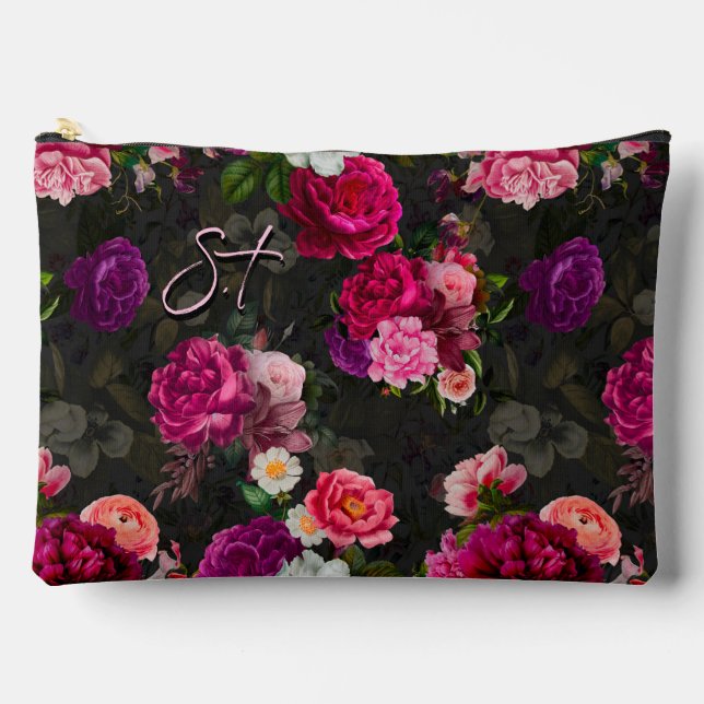 Elegantes rosa Blume schwarzes Monogramm Zubehörtasche (Vorderseite)