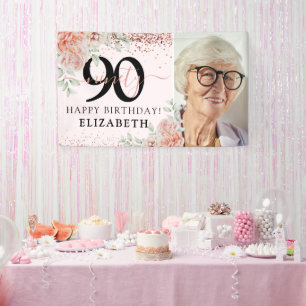 Elegantes rosa Blumen-90. Geburtstagsfoto Banner