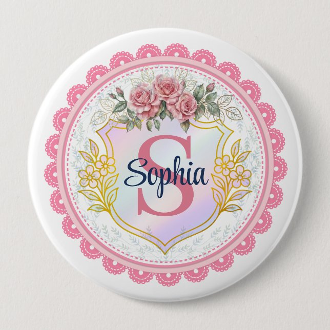 Elegantes rosa Blumen-Spitze-Monogramm Mädchen ang Button (Vorderseite)