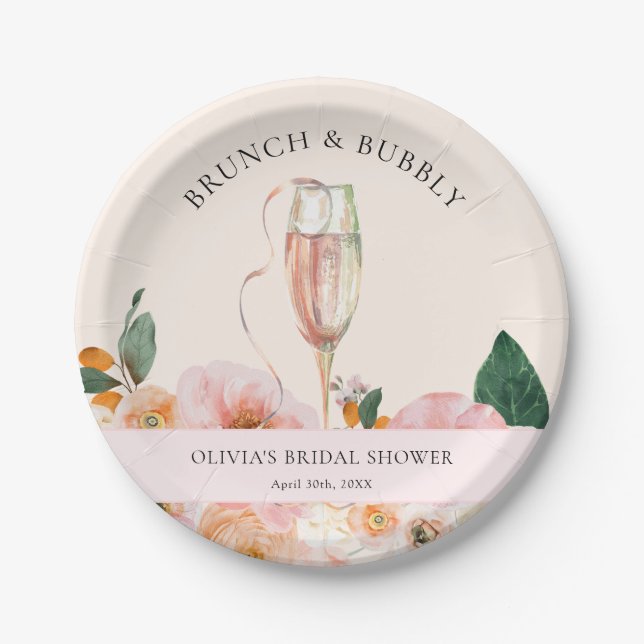 Elegantes rosa Blumenbrunch & Bubbly Brautparty Pappteller (Vorderseite)