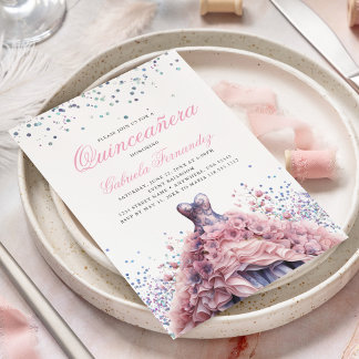 Elegantes, rosa Blumenkleid Quinceanera Einladung
