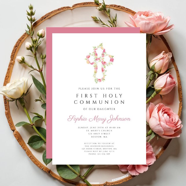 Elegantes Rosa Blumenkreuz Erste Kommune Einladung (Elegant Pink Floral Cross First Communion Invitation)