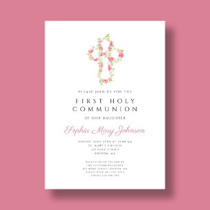 Elegantes Rosa Blumenkreuz Erste Kommune Einladung