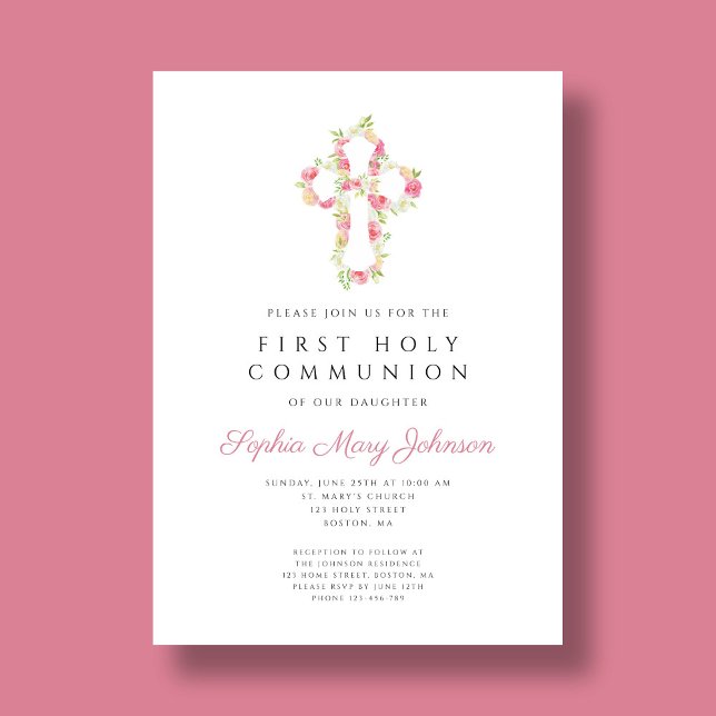 Elegantes Rosa Blumenkreuz Erste Kommune Einladung (Elegant Pink Floral Cross First Communion Invitation)