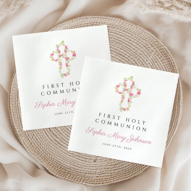 Elegantes Rosa Blumenkreuz Erste Kommune Serviette (Elegant Pink Floral Cross First Communion Napkins)