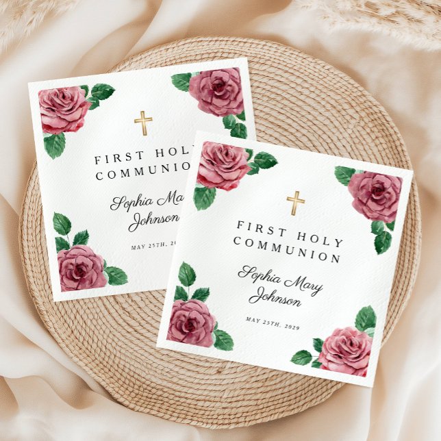 Elegantes Rosa Blumenkreuz Erste Kommune Serviette (Elegant Pink Floral Cross First Communion Napkins)