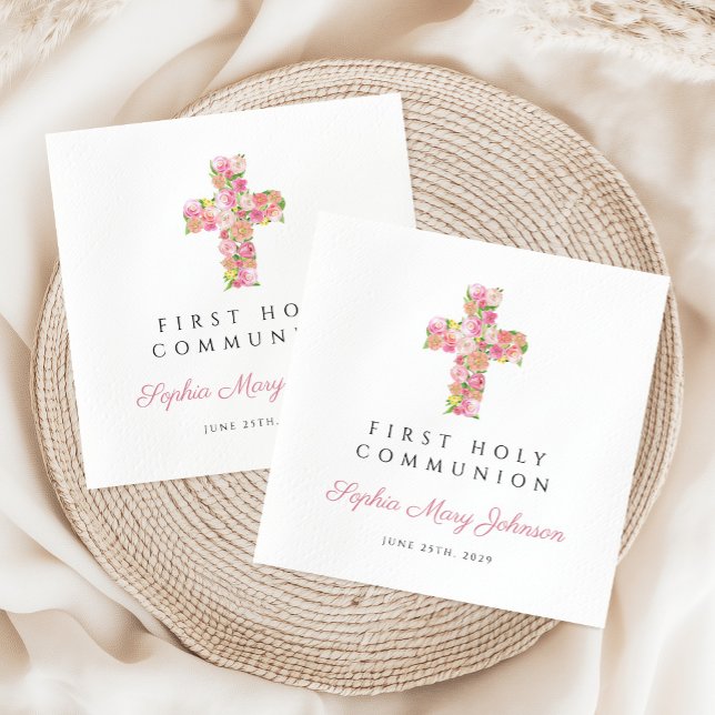 Elegantes Rosa Blumenkreuz Erste Kommune Serviette (Elegant Pink Floral Cross First Communion Napkins)