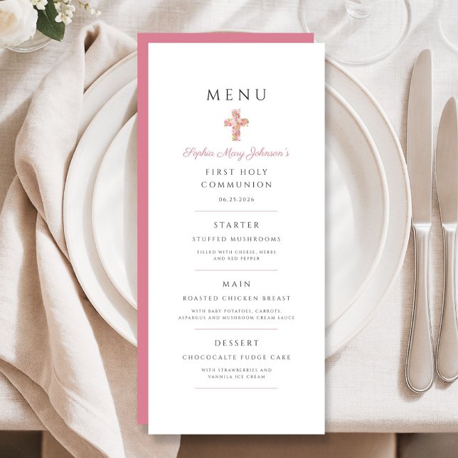 Elegantes rosa Blumenkreuz Erste Kommunion Menükarte (Elegant Pink Floral Cross First Communion Menu)