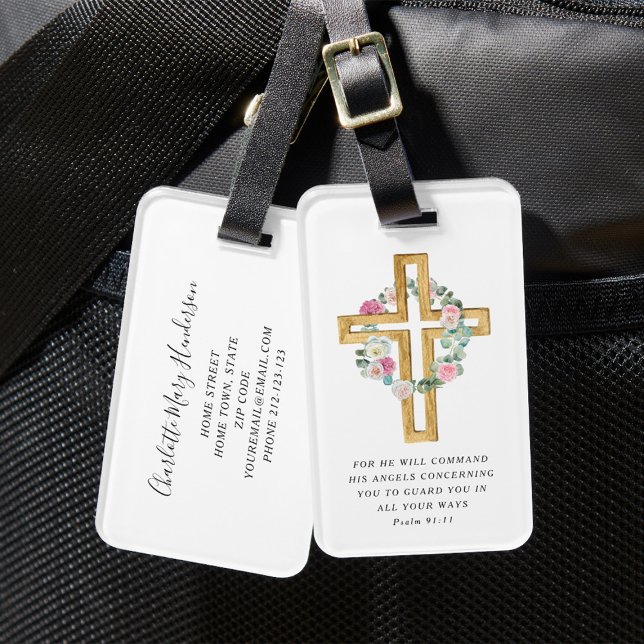 Elegantes rosa Blumenkreuz Gepäckanhänger (Psalm 91:11 Bible Verse Religious Floral Cross Luggage Tag)