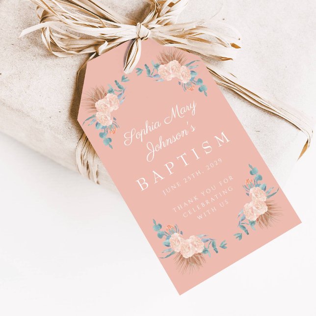 Elegantes Rosa Blumenmagen Foto Taufe Geschenkanhänger (Elegant Pink Floral Girl Photo Baptism Gift Tags)
