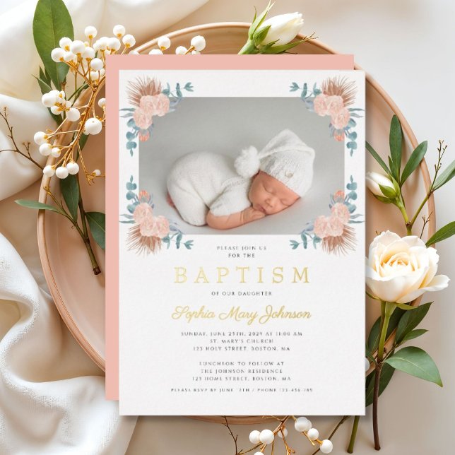 Elegantes Rosa Blumenmagen Foto Taufe Gold Folieneinladung (Elegant Pink Floral Girl Photo Baptism Gold Foil Invitation)