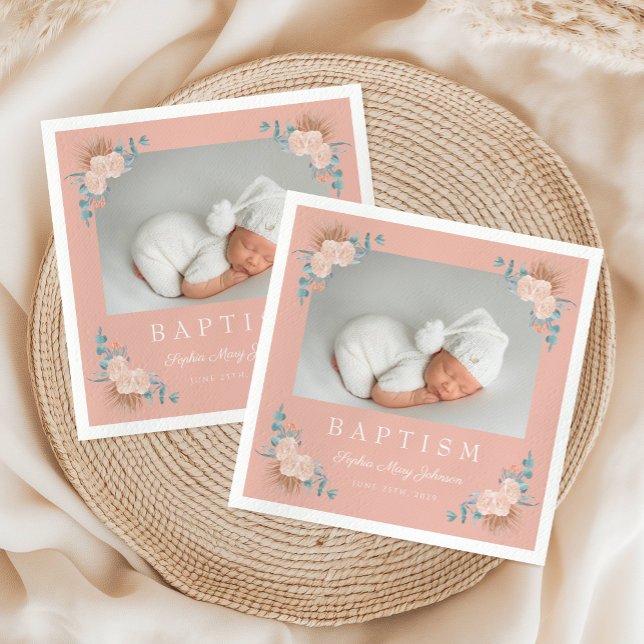 Elegantes Rosa Blumenmagen Foto Taufe Serviette (Elegant Pink Floral Girl Photo Baptism Napkins)