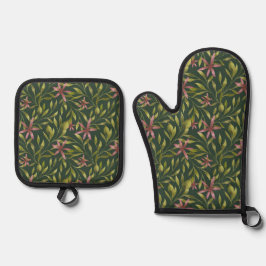 Elegantes rosa Blumenmuster auf dunklem Hintergrun Ofenhandschuh & Topflappen-Set