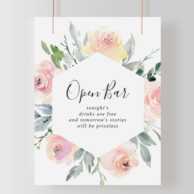 Elegantes Rosa Blush Bloral Wedding Open Bar Sign Poster (Von Creator hochgeladen)