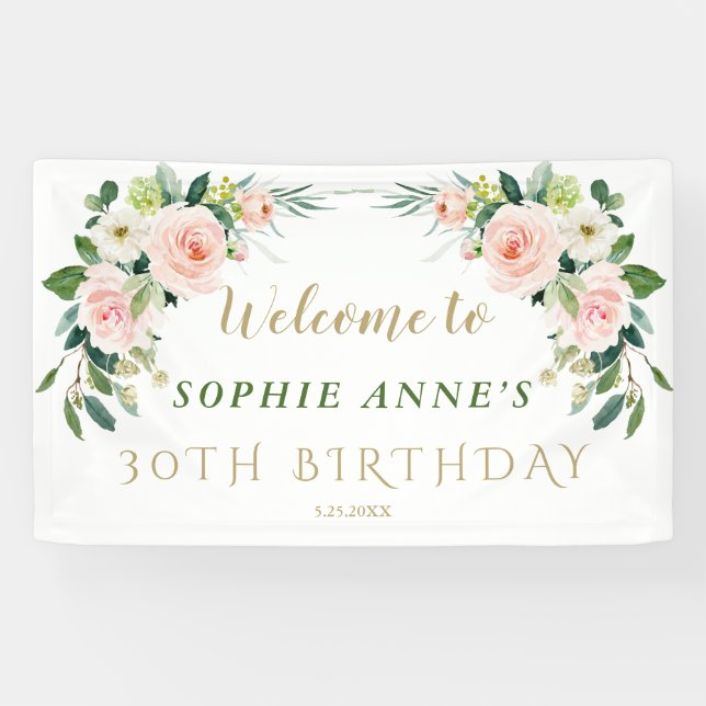 Elegantes Rosa Blush Blume Geburtstag Begrüßungsze Banner (Horizontal)