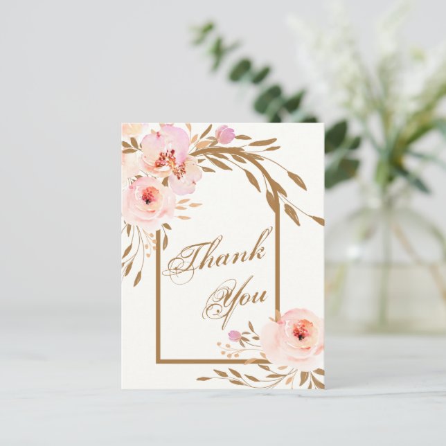 Elegantes Rosa Blush Floral Wedding Foto Vielen Da Postkarte (Stehend Vorderseite)