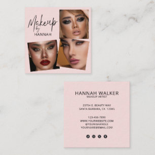 Elegantes Rosa-Blush-Schwarz-Script-3-Foto-Make-up Quadratische Visitenkarte