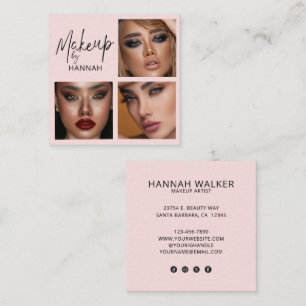 Elegantes Rosa-Blush-Schwarz-Script-3-Foto-Make-up Quadratische Visitenkarte