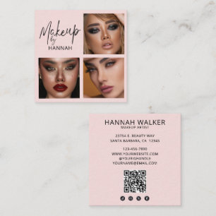 Elegantes Rosa-Blush-Schwarz-Script-3-Foto-Make-up Quadratische Visitenkarte