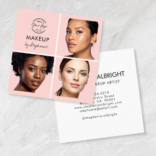 Elegantes Rosa-Blush-Schwarz-Script-3-Foto-Make-up Quadratische Visitenkarte