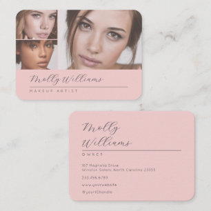Elegantes Rosa-Blush-Schwarz-Script-3-Foto-Make-up Visitenkarte