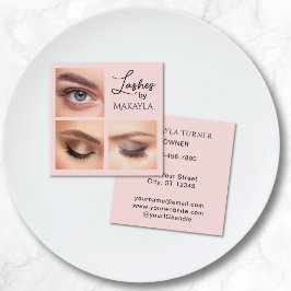 Elegantes Rosa-Blush-Schwarz-Script-3-Photo-Wimper Quadratische Visitenkarte
