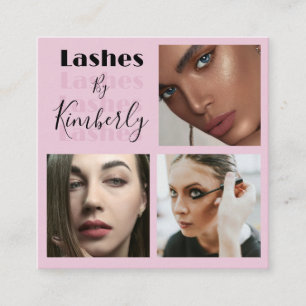 Elegantes Rosa-Blush-Schwarz-Script-3-Photo-Wimper Quadratische Visitenkarte