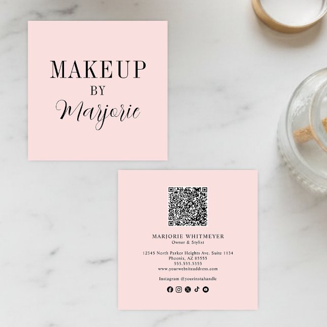Elegantes Rosa-Blush-Schwarz-Script-QR-Code-Makeup Quadratische Visitenkarte (modern black blush pink script photo makeup square business card elegant minimalist simple)