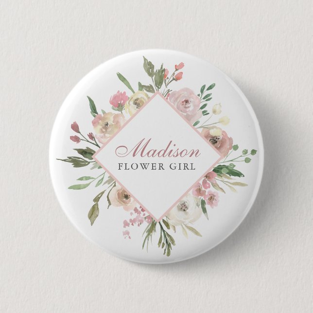 Elegantes Rosa Blütenblume Mädchen Name Tag Button (Vorderseite)