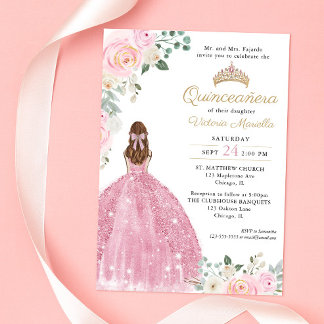 Elegantes Rosa Blütengold Quinceañera 15. Einladung