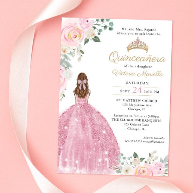 Elegantes Rosa Blütengold Quinceañera 15. Einladung (Von Creator hochgeladen)