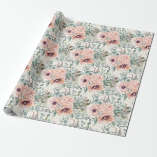 Elegantes Rosa Blütenmuster mit Salbeigrünem Laub Geschenkpapier