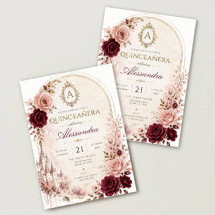 Elegantes Rosa-Bordeaux-Blumen-Kleid für die Quinc Einladung