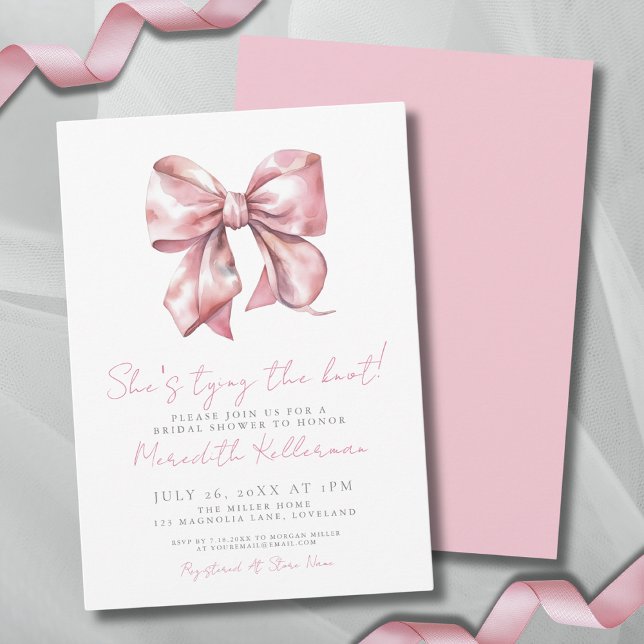 Elegantes Rosa-Bow-Brautparty Einladung (Watercolor Blush Pink Bow Bridal Shower Invitation)