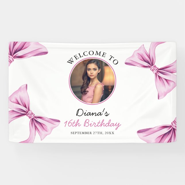 Elegantes Rosa Bow Coquette Foto Sweet 16 Birthday Banner (Horizontal)