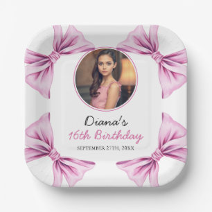 Elegantes Rosa Bow Coquette Foto Sweet 16 Birthday Pappteller