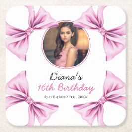 Elegantes Rosa Bow Coquette Foto Sweet 16 Birthday Rechteckiger Pappuntersetzer