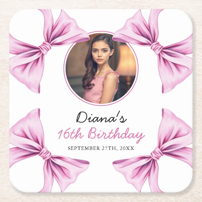 Elegantes Rosa Bow Coquette Foto Sweet 16 Birthday Rechteckiger Pappuntersetzer (Vorderseite)