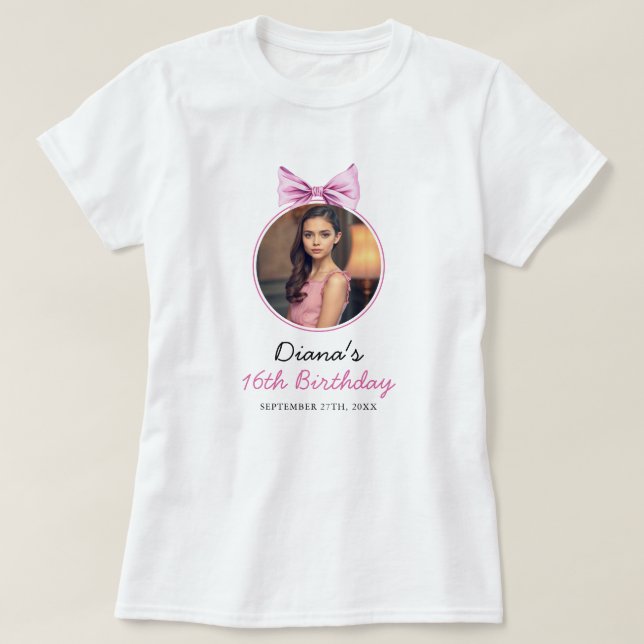 Elegantes Rosa Bow Coquette Foto Sweet 16 Birthday T-Shirt (Design vorne)