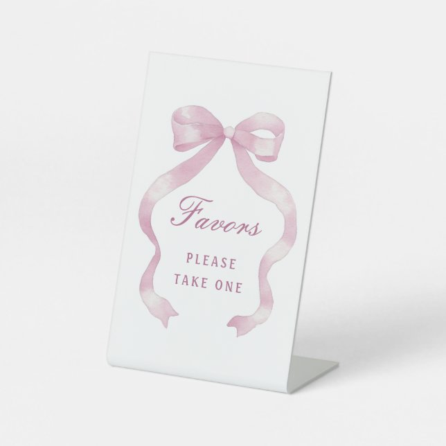 Elegantes rosa Bow Favors Pedestal Sign Sockelschild (Vorderseite)