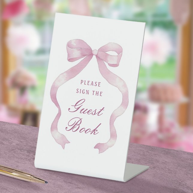 Elegantes rosa Bow Gästebuch Gestaltungszeichen Sockelschild (Von Creator hochgeladen)