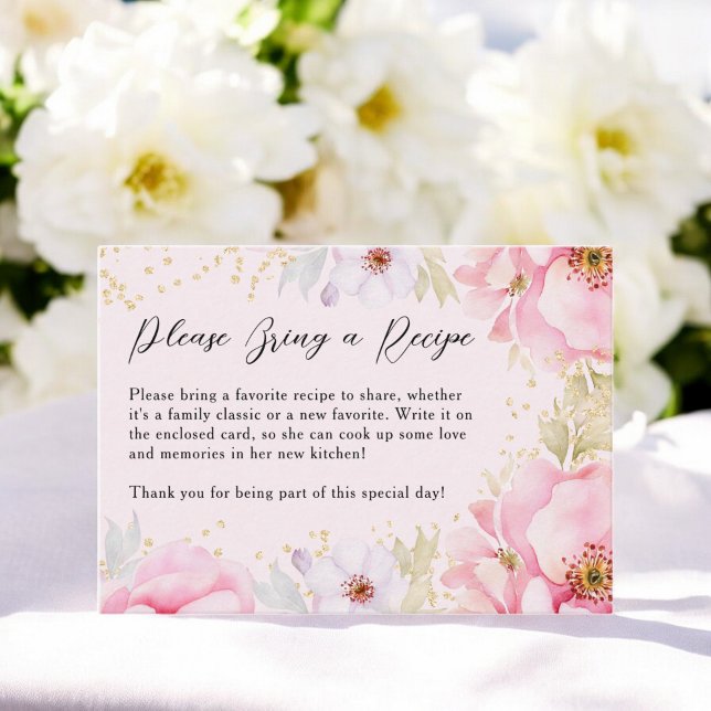 Elegantes rosa Brautparty mit Blumenmotiven Begleitkarte (Elegant Pink Floral Bridal shower bring a Recipe Enclosure Card)