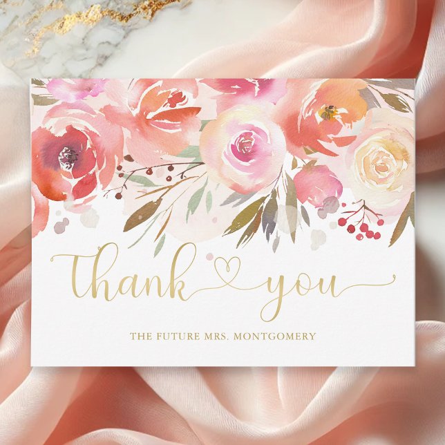 Elegantes Rosa Brautparty Vielen Dank Postkarte (Elegant Blush Pink Rose Floral Bridal Shower Thank You Card)